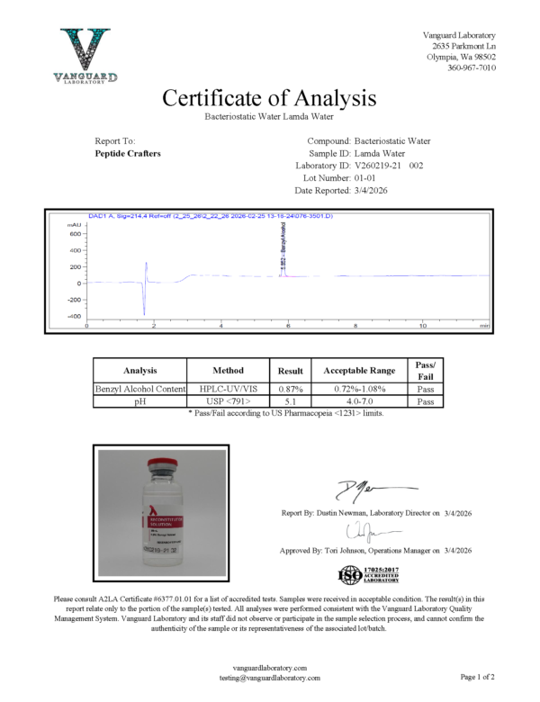 V260219-21_Peptide_Crafters_Report_002_Page_1 Lambda Reconstitution Solution 30 ml